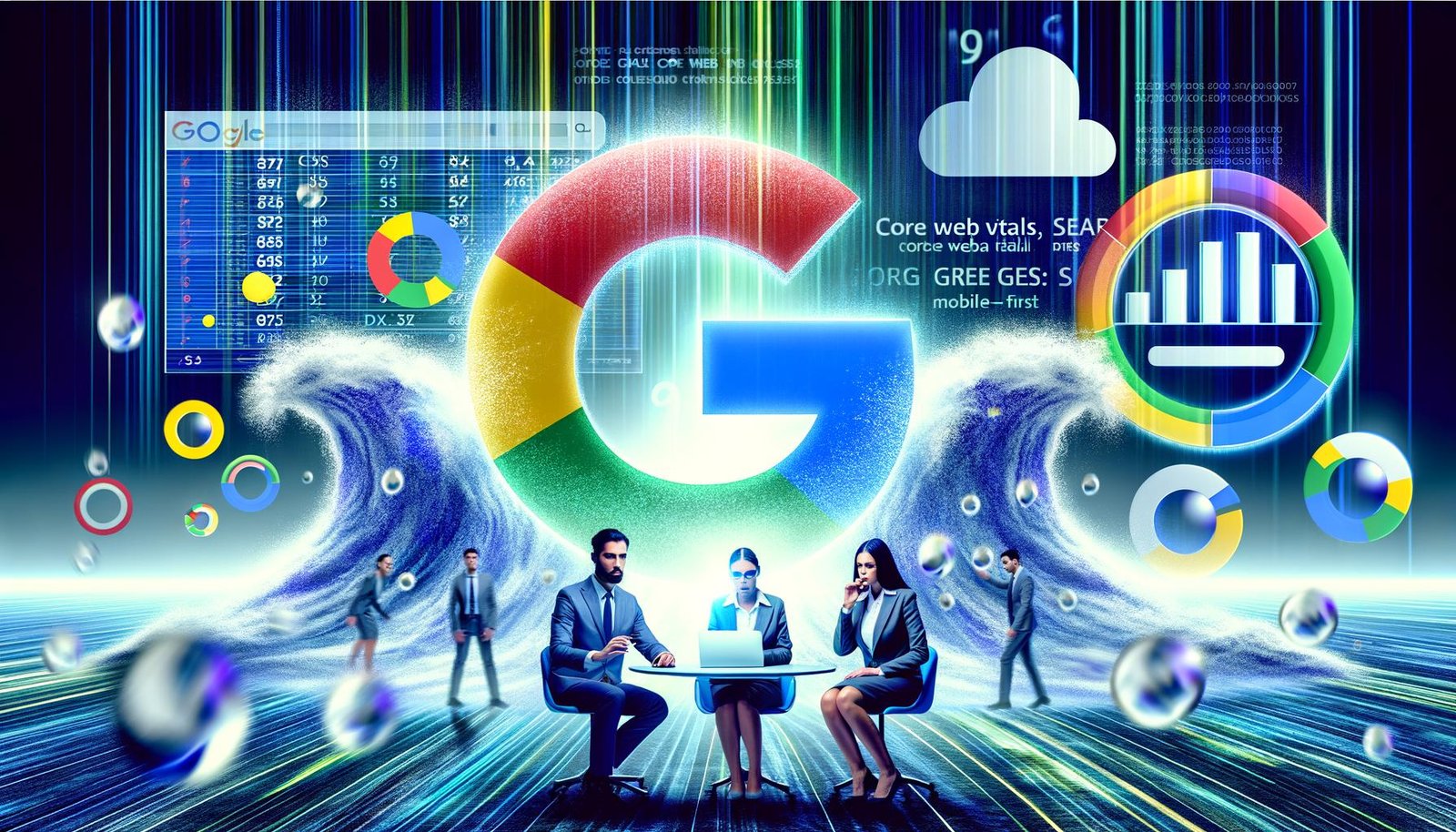 Illustration eines sich transformierenden Google-Logos mit digitalen Welleneffekten, im Hintergrund unscharfe Suchergebnisse und Ranking-Charts sowie Marketing-Profis an Tablets und Dashboards.