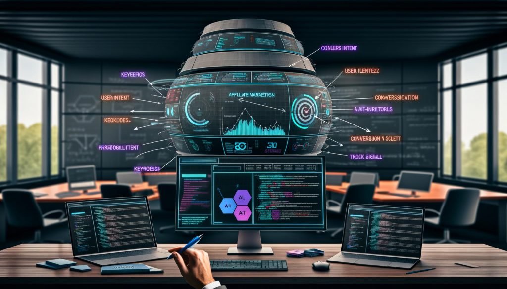 Digitale Schaltzentrale für Affiliate-Marketing 2025 mit Großbildschirm, Diagrammen, Heatmaps, SEO-Daten, Laptops, mobilen Geräten und einer Hand, die eine Conversion-Checkliste optimiert.