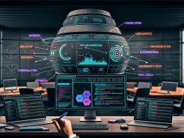 Digitale Schaltzentrale für Affiliate-Marketing 2025 mit Großbildschirm, Diagrammen, Heatmaps, SEO-Daten, Laptops, mobilen Geräten und einer Hand, die eine Conversion-Checkliste optimiert.