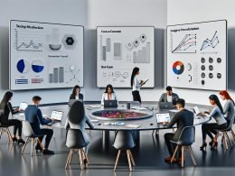 Marketing-Team analysiert gemeinsam Daten auf Laptops und Touchscreens an einem großen Tisch in modernem Büro mit großen Tracking-Screens im Hintergrund.