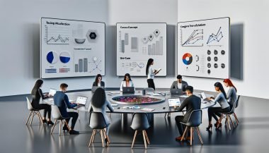 Marketing-Team analysiert gemeinsam Daten auf Laptops und Touchscreens an einem großen Tisch in modernem Büro mit großen Tracking-Screens im Hintergrund.