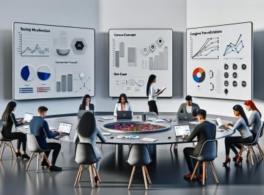 Marketing-Team analysiert gemeinsam Daten auf Laptops und Touchscreens an einem großen Tisch in modernem Büro mit großen Tracking-Screens im Hintergrund.