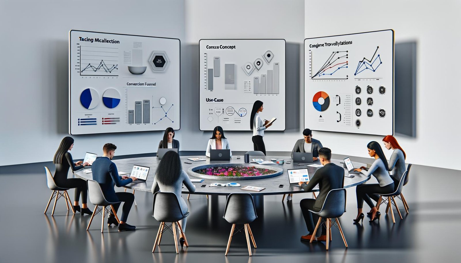Marketing-Team analysiert gemeinsam Daten auf Laptops und Touchscreens an einem großen Tisch in modernem Büro mit großen Tracking-Screens im Hintergrund.