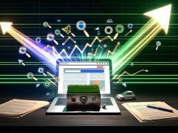 Illustration eines Laptops mit Website, aus dessen Bildschirm bunte Diagrammpfeile, Suchsymbol, HTML-Code und SEO-Werkzeuge hervorgehen. Im Vordergrund Papierseiten und steigende Traffic-Linien.