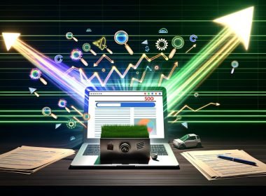 Illustration eines Laptops mit Website, aus dessen Bildschirm bunte Diagrammpfeile, Suchsymbol, HTML-Code und SEO-Werkzeuge hervorgehen. Im Vordergrund Papierseiten und steigende Traffic-Linien.