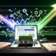 Illustration eines Laptops mit Website, aus dessen Bildschirm bunte Diagrammpfeile, Suchsymbol, HTML-Code und SEO-Werkzeuge hervorgehen. Im Vordergrund Papierseiten und steigende Traffic-Linien.