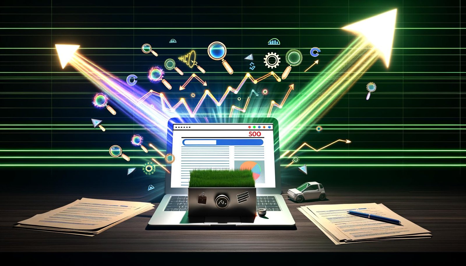 Illustration eines Laptops mit Website, aus dessen Bildschirm bunte Diagrammpfeile, Suchsymbol, HTML-Code und SEO-Werkzeuge hervorgehen. Im Vordergrund Papierseiten und steigende Traffic-Linien.