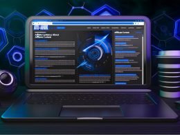 Laptop mit geöffneten Browser-Tabs und Affiliate-Statistiken, SEO-Grafiken und Haifischflossen-Design im Hintergrund, modern und professionell gestaltet.