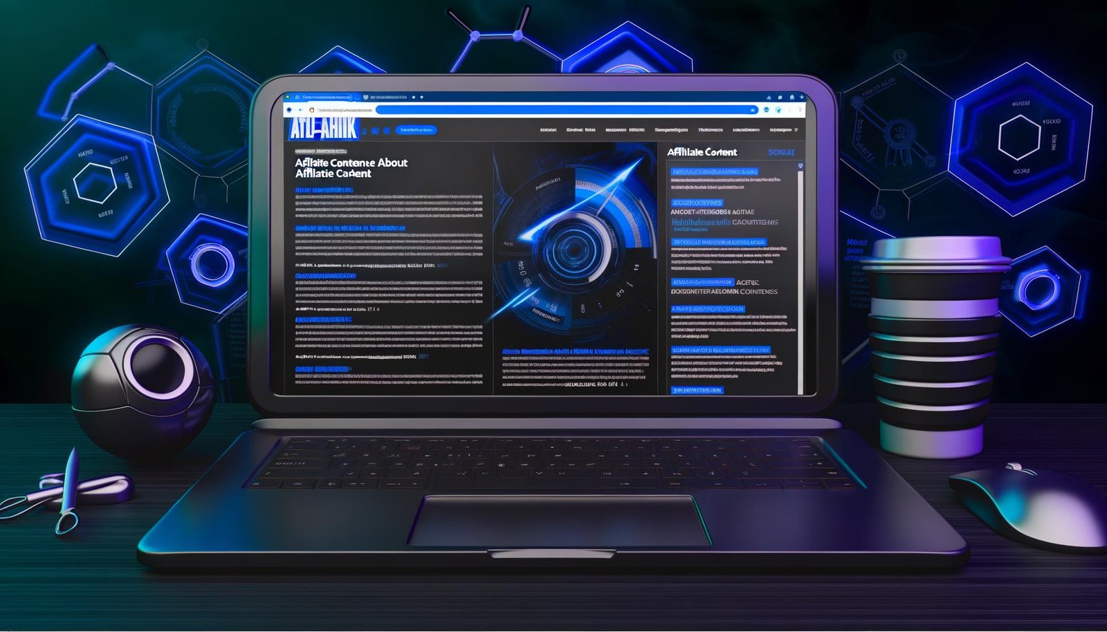 Laptop mit geöffneten Browser-Tabs und Affiliate-Statistiken, SEO-Grafiken und Haifischflossen-Design im Hintergrund, modern und professionell gestaltet.