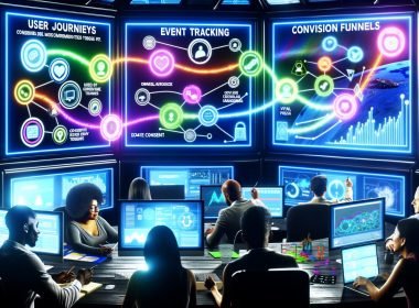 Hochmodernes Kontrollraum mit bunten Bildschirmen, Diagrammen zu Nutzerreisen, Event-Tracking und Conversion-Funnels, umgeben von Symbolen für Datenschutz und Tracking-Technologien. Mehrere Analysten und Marketer arbeiten konzentriert zusammen.