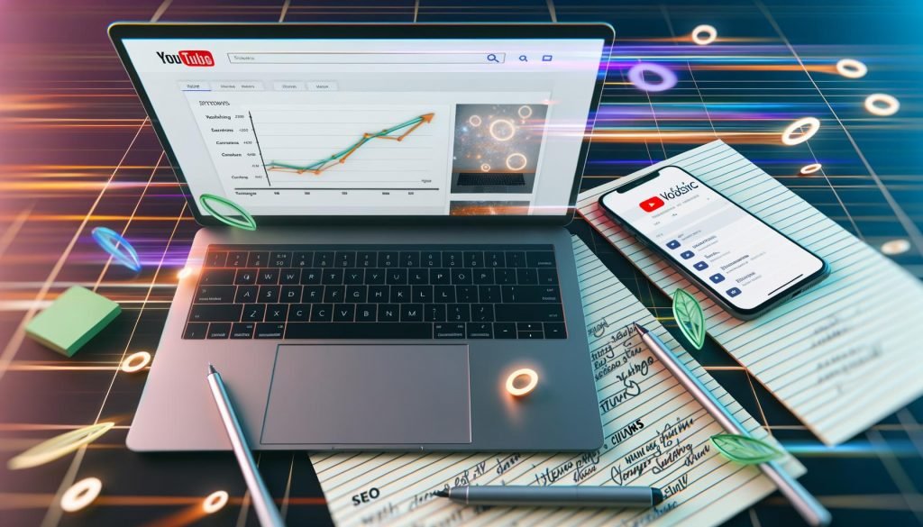 Moderner Arbeitsplatz mit Laptop und YouTube-Analytics Dashboard, umgeben von Notizen, Markern, Smartphone mit erfolgreich gepostetem Video und leuchtenden Datenströmen.