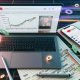 Moderner Arbeitsplatz mit Laptop und YouTube-Analytics Dashboard, umgeben von Notizen, Markern, Smartphone mit erfolgreich gepostetem Video und leuchtenden Datenströmen.