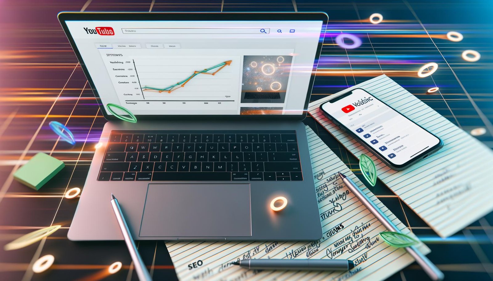 Moderner Arbeitsplatz mit Laptop und YouTube-Analytics Dashboard, umgeben von Notizen, Markern, Smartphone mit erfolgreich gepostetem Video und leuchtenden Datenströmen.
