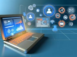 Futuristisches Digitalmarketing-Headerbild mit Laptop, Diagrammen, Vernetzungs-Symbolen, digitalen E-Mail-, API- und CRM-Icons sowie Vernetzungslinien in klarer, moderner Optik.
