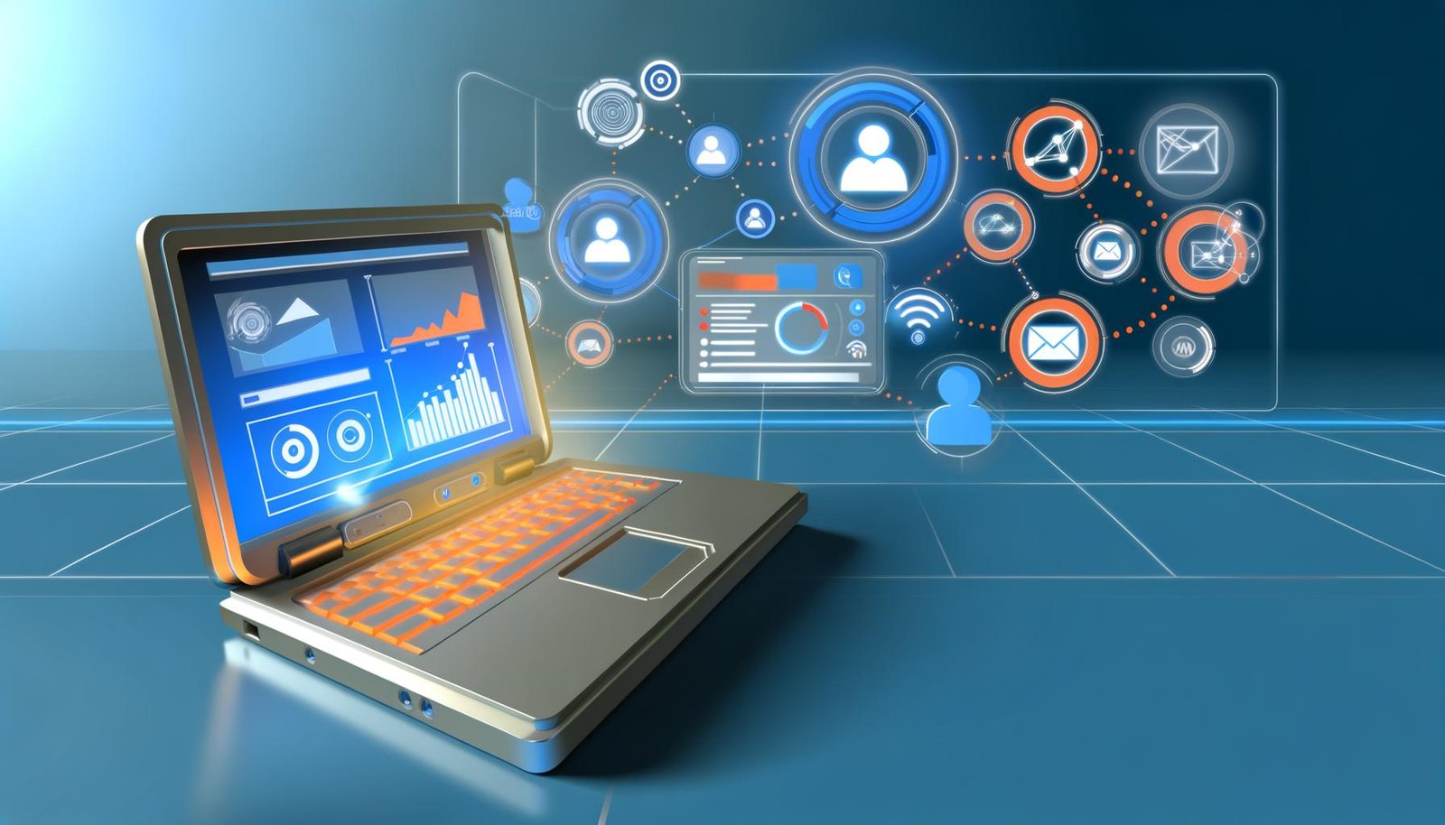Futuristisches Digitalmarketing-Headerbild mit Laptop, Diagrammen, Vernetzungs-Symbolen, digitalen E-Mail-, API- und CRM-Icons sowie Vernetzungslinien in klarer, moderner Optik.