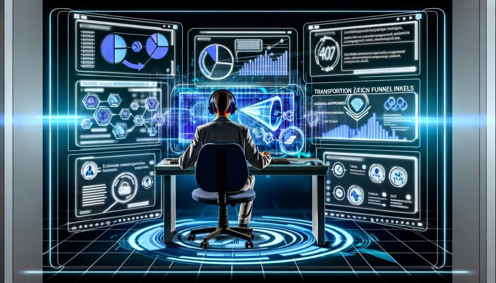 Marketer an modernem digitalen Arbeitsplatz mit Daten-Dashboards, Conversion Funnels, Affiliate-Netzwerk-Icons und SEO-Analysen in einem technologischen Büro.