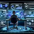 Marketer an modernem digitalen Arbeitsplatz mit Daten-Dashboards, Conversion Funnels, Affiliate-Netzwerk-Icons und SEO-Analysen in einem technologischen Büro.