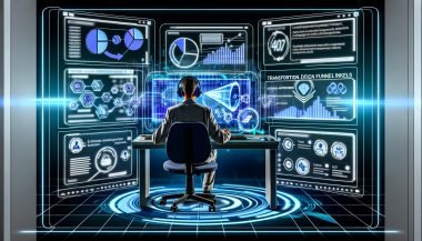 Marketer an modernem digitalen Arbeitsplatz mit Daten-Dashboards, Conversion Funnels, Affiliate-Netzwerk-Icons und SEO-Analysen in einem technologischen Büro.