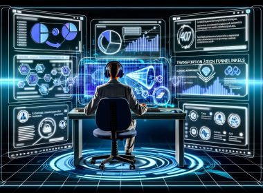 Marketer an modernem digitalen Arbeitsplatz mit Daten-Dashboards, Conversion Funnels, Affiliate-Netzwerk-Icons und SEO-Analysen in einem technologischen Büro.