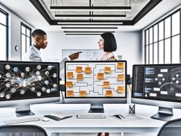 Minimalistischer, heller Schreibtisch mit mehreren Bildschirmen, die strukturierte Datenvisualisierungen zeigen, sowie zwei Fachleute, die ein digitales Whiteboard mit Marketingbegriffen besprechen.