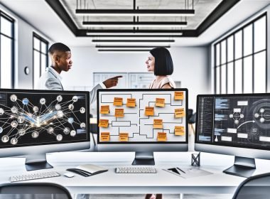 Minimalistischer, heller Schreibtisch mit mehreren Bildschirmen, die strukturierte Datenvisualisierungen zeigen, sowie zwei Fachleute, die ein digitales Whiteboard mit Marketingbegriffen besprechen.