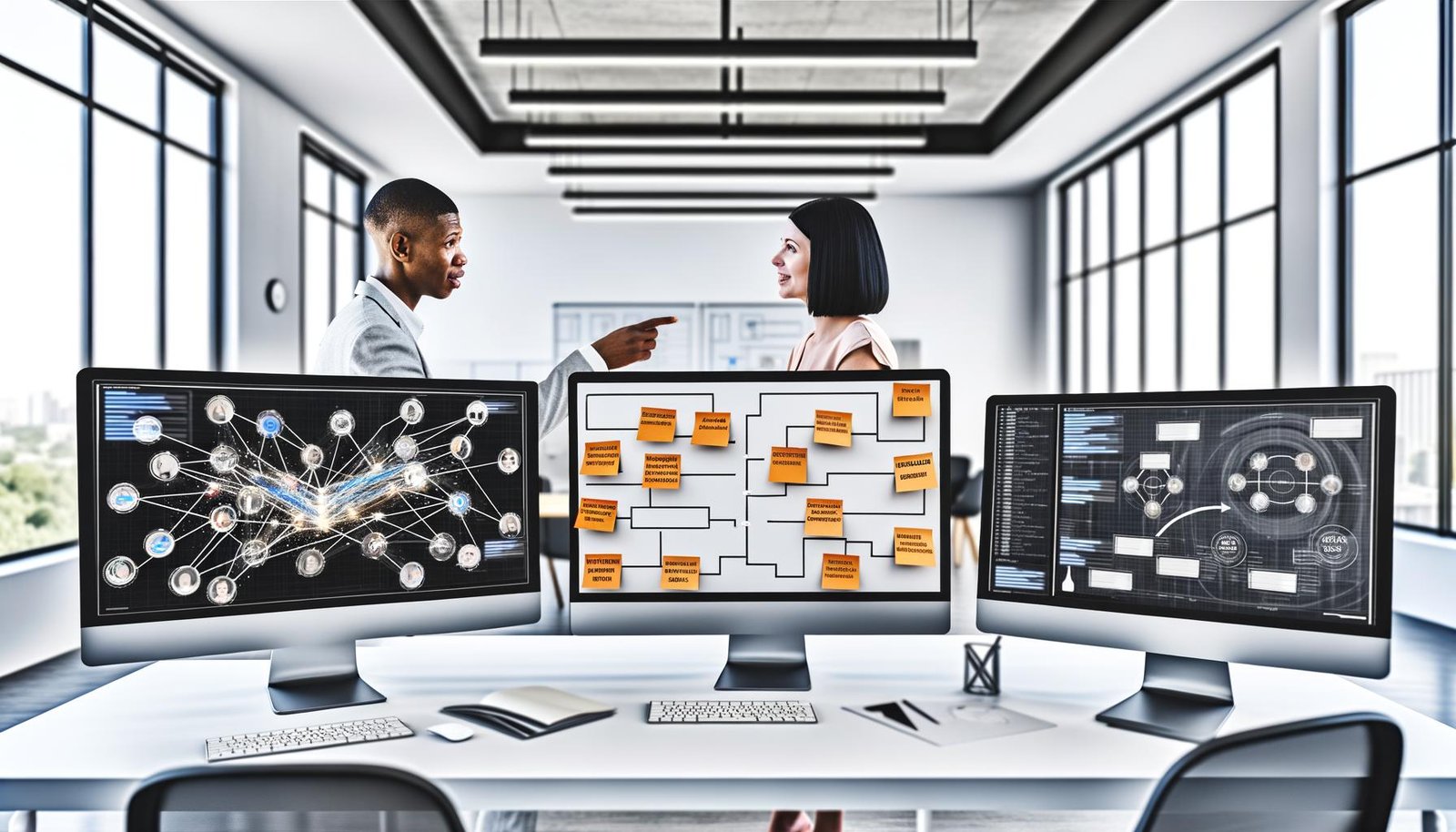 Minimalistischer, heller Schreibtisch mit mehreren Bildschirmen, die strukturierte Datenvisualisierungen zeigen, sowie zwei Fachleute, die ein digitales Whiteboard mit Marketingbegriffen besprechen.
