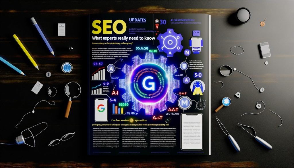 Dramatisches Magazin-Doppelseitenlayout mit großem Google-Algorithmus-Zahnrad, umgeben von SEO-relevanten Icons und neonleuchtenden Begriffen wie Ranking, Technik und User Experience auf dunklem Hintergrund.