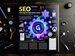 Dramatisches Magazin-Doppelseitenlayout mit großem Google-Algorithmus-Zahnrad, umgeben von SEO-relevanten Icons und neonleuchtenden Begriffen wie Ranking, Technik und User Experience auf dunklem Hintergrund.