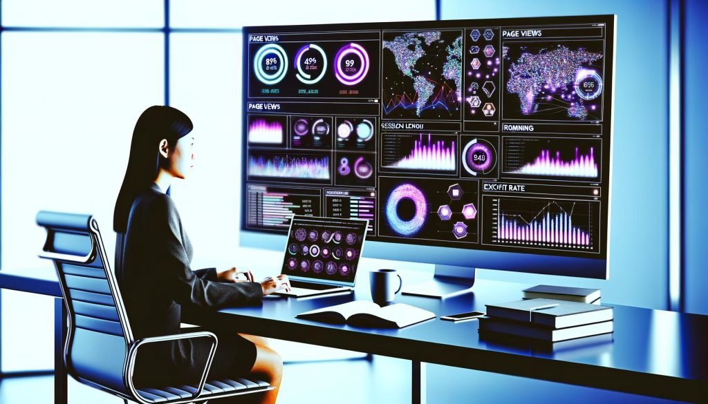 Moderner Schreibtisch mit Computerbildschirm, der Analyse-Dashboards mit Diagrammen, Kennzahlen und Berichten anzeigt, sowie eine konzentrierte Person bei der Arbeit.