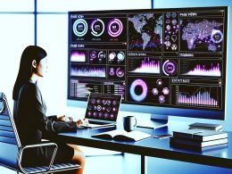 Moderner Schreibtisch mit Computerbildschirm, der Analyse-Dashboards mit Diagrammen, Kennzahlen und Berichten anzeigt, sowie eine konzentrierte Person bei der Arbeit.