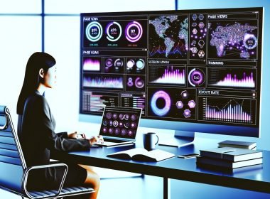 Moderner Schreibtisch mit Computerbildschirm, der Analyse-Dashboards mit Diagrammen, Kennzahlen und Berichten anzeigt, sowie eine konzentrierte Person bei der Arbeit.