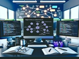 Arbeitsplatz mit drei großen Monitoren, die ein digitales Architekturdiagramm eines Affiliate Content Frameworks sowie SEO-Begriffe und Analysen darstellen, daneben Notizbücher, Smartphones mit Analytics und Whiteboard im Hintergrund.