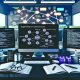 Arbeitsplatz mit drei großen Monitoren, die ein digitales Architekturdiagramm eines Affiliate Content Frameworks sowie SEO-Begriffe und Analysen darstellen, daneben Notizbücher, Smartphones mit Analytics und Whiteboard im Hintergrund.