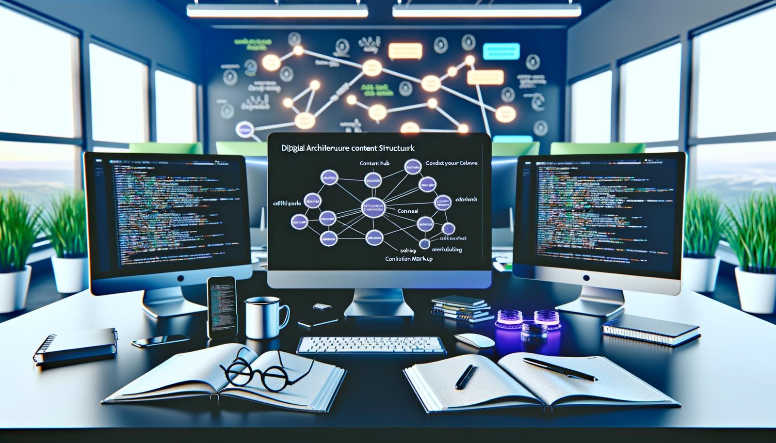 Arbeitsplatz mit drei großen Monitoren, die ein digitales Architekturdiagramm eines Affiliate Content Frameworks sowie SEO-Begriffe und Analysen darstellen, daneben Notizbücher, Smartphones mit Analytics und Whiteboard im Hintergrund.