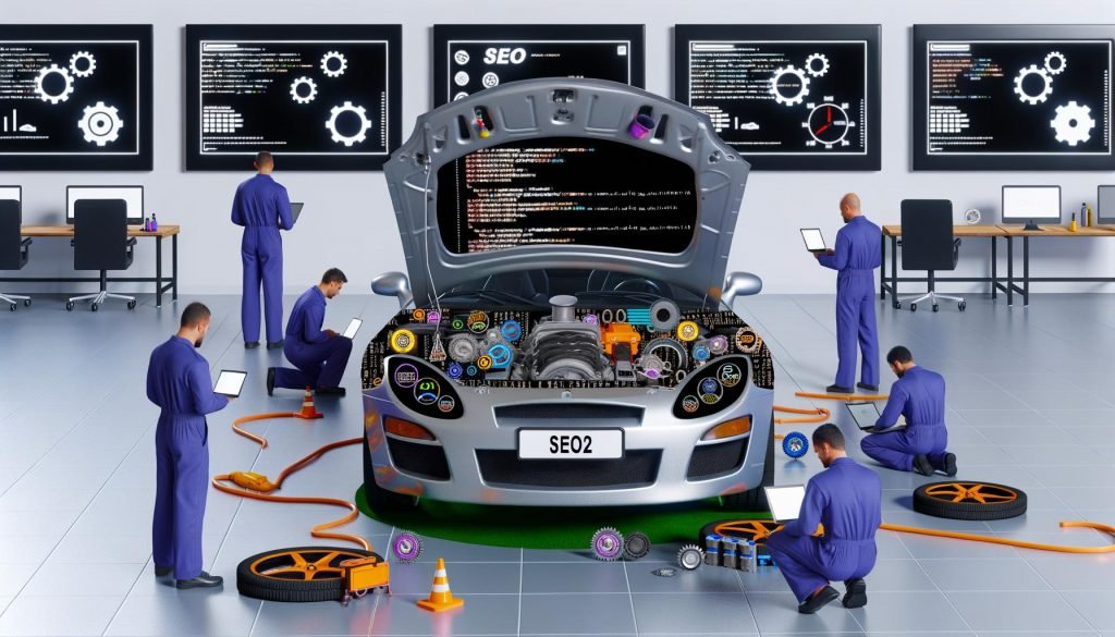 Moderne Werkstatt mit offenem Ferrari-Motorraum voller Website-Komponenten, umgeben von SEO-Experten mit Laptops und technischen Monitoren.
