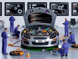 Moderne Werkstatt mit offenem Ferrari-Motorraum voller Website-Komponenten, umgeben von SEO-Experten mit Laptops und technischen Monitoren.