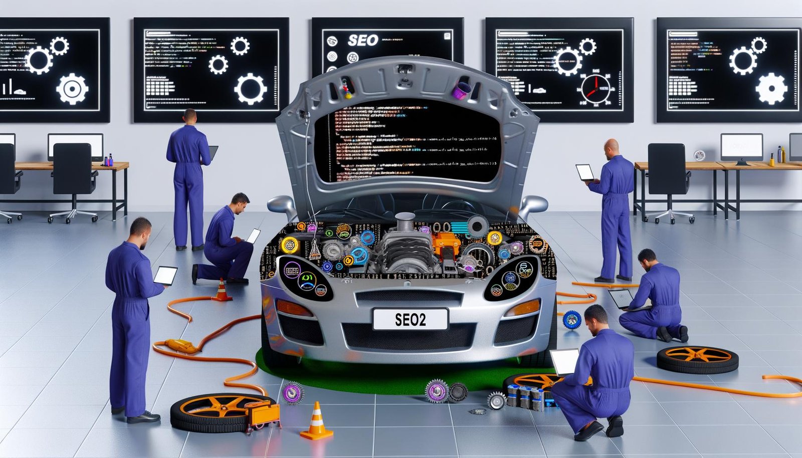 Moderne Werkstatt mit offenem Ferrari-Motorraum voller Website-Komponenten, umgeben von SEO-Experten mit Laptops und technischen Monitoren.