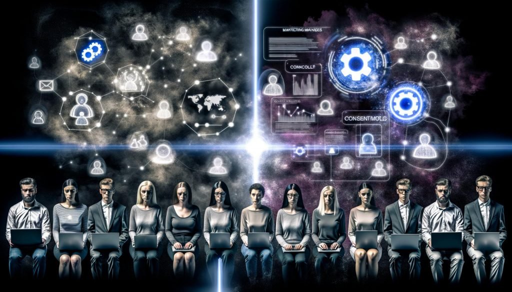 Kontrastreiche Gruppen: datenschutzbewusste Menschen mit gesenktem Blick gegenüber euphorischen Marketing-Managern, umgeben von Datenströmen, Cookie-Symbolen und digitalen Interfaces.