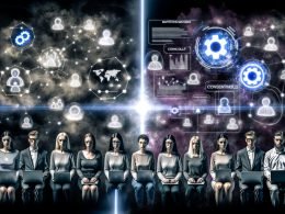 Kontrastreiche Gruppen: datenschutzbewusste Menschen mit gesenktem Blick gegenüber euphorischen Marketing-Managern, umgeben von Datenströmen, Cookie-Symbolen und digitalen Interfaces.