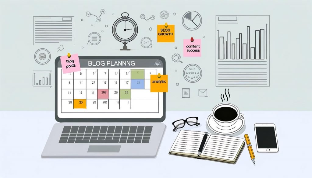 Minimalistisch gestalteter Schreibtisch mit digitalem Blog-Planer, Kalender mit Markierungen, Laptop mit SEO-Tools, Kaffeetasse, Post-Its und Icons zu Analyse und Wachstum.