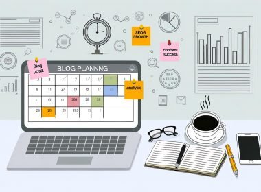 Minimalistisch gestalteter Schreibtisch mit digitalem Blog-Planer, Kalender mit Markierungen, Laptop mit SEO-Tools, Kaffeetasse, Post-Its und Icons zu Analyse und Wachstum.