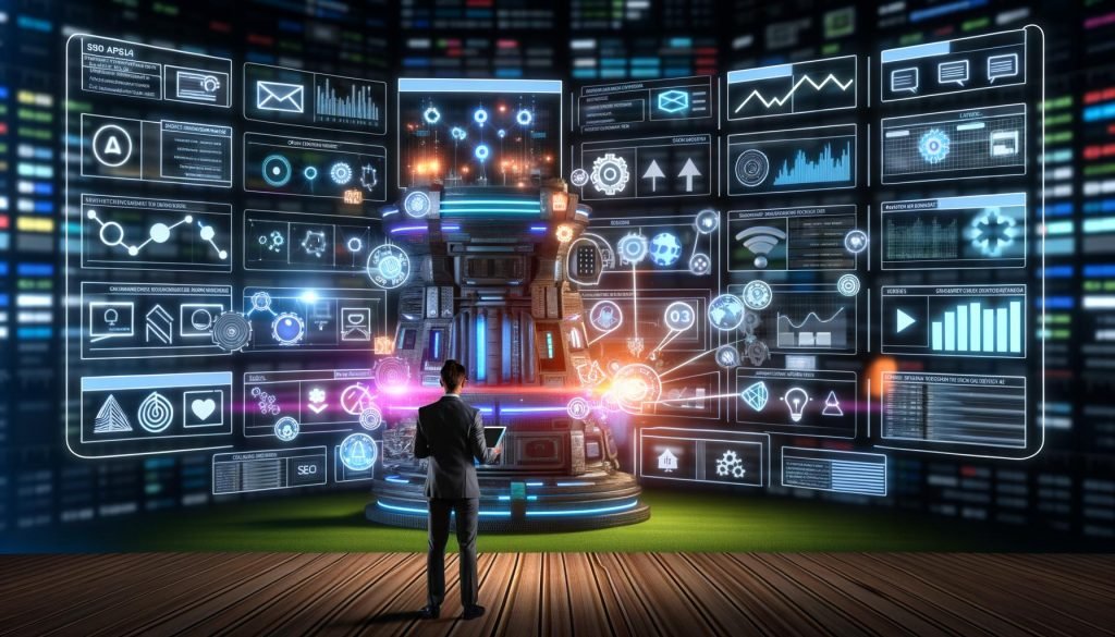 Geschäftsperson im modernen Maschinenraum mit leuchtenden Datenströmen, Digitalanzeigen, SEO-Kennzahlen, API-Logos und Website-Elementen, umgeben von Diagrammen und Echtzeitdaten.