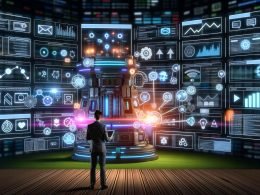 Geschäftsperson im modernen Maschinenraum mit leuchtenden Datenströmen, Digitalanzeigen, SEO-Kennzahlen, API-Logos und Website-Elementen, umgeben von Diagrammen und Echtzeitdaten.