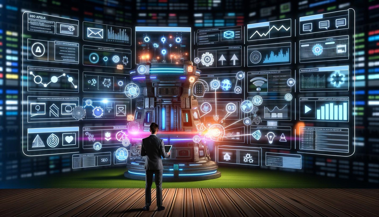 Geschäftsperson im modernen Maschinenraum mit leuchtenden Datenströmen, Digitalanzeigen, SEO-Kennzahlen, API-Logos und Website-Elementen, umgeben von Diagrammen und Echtzeitdaten.