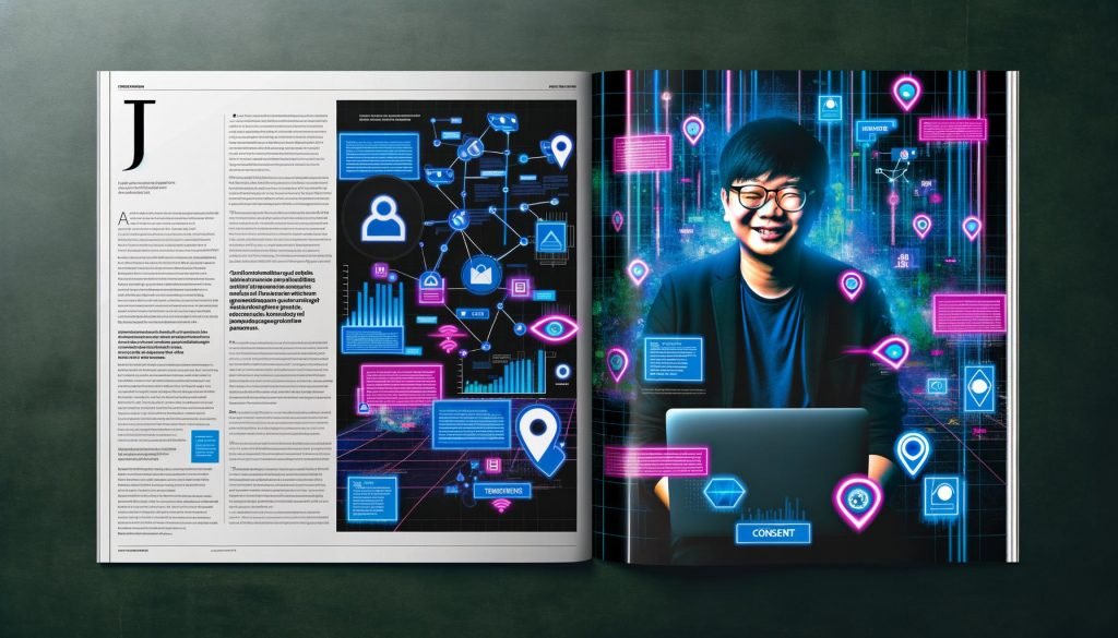 Stilisierter Online-Marketing-Manager mit Laptop vor Netzwerk aus Datenströmen, Conversion-Dashboards, Tracking-Technologien und Consent-Popups in moderner, neonfarbener Optik.