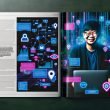 Stilisierter Online-Marketing-Manager mit Laptop vor Netzwerk aus Datenströmen, Conversion-Dashboards, Tracking-Technologien und Consent-Popups in moderner, neonfarbener Optik.