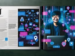 Stilisierter Online-Marketing-Manager mit Laptop vor Netzwerk aus Datenströmen, Conversion-Dashboards, Tracking-Technologien und Consent-Popups in moderner, neonfarbener Optik.