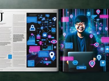 Stilisierter Online-Marketing-Manager mit Laptop vor Netzwerk aus Datenströmen, Conversion-Dashboards, Tracking-Technologien und Consent-Popups in moderner, neonfarbener Optik.