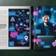Stilisierter Online-Marketing-Manager mit Laptop vor Netzwerk aus Datenströmen, Conversion-Dashboards, Tracking-Technologien und Consent-Popups in moderner, neonfarbener Optik.