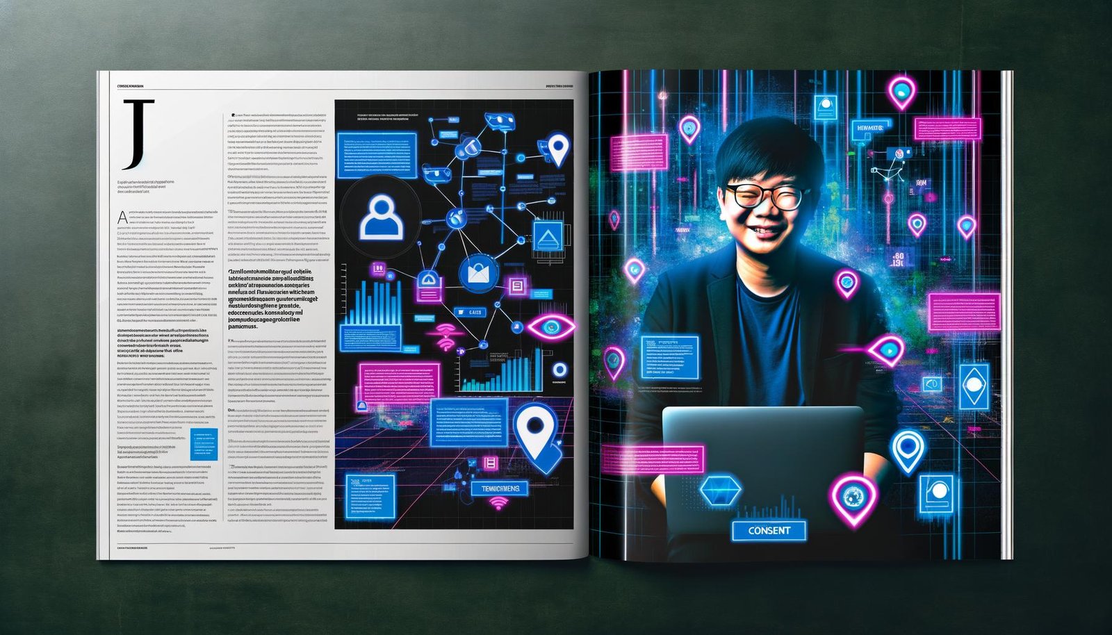 Stilisierter Online-Marketing-Manager mit Laptop vor Netzwerk aus Datenströmen, Conversion-Dashboards, Tracking-Technologien und Consent-Popups in moderner, neonfarbener Optik.